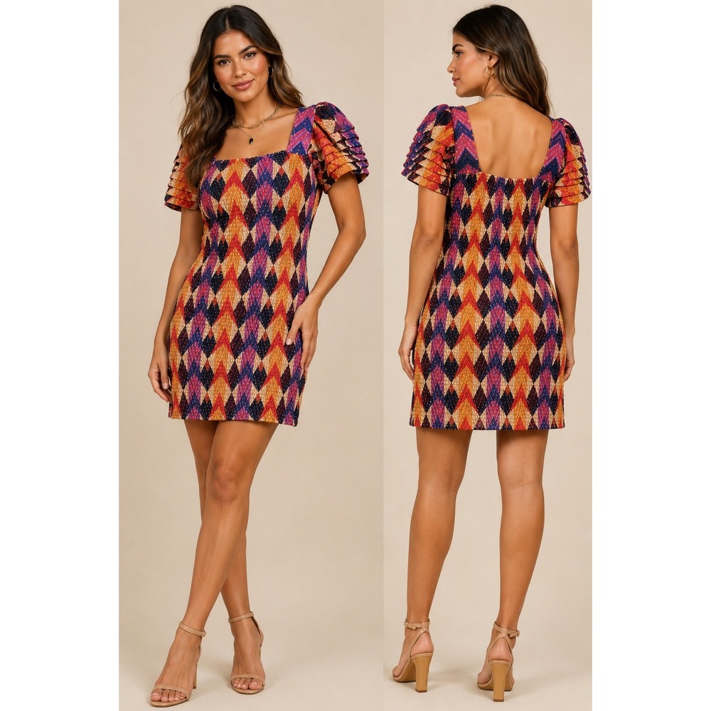 Farm Rio Small‎ Dress Lindeza Grafica Mini Dress Puff Sleeve Smocked Colorful L